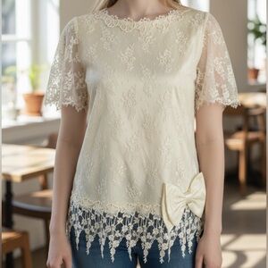 Vintage Patra Lace Overlay Bow Applique Blouse